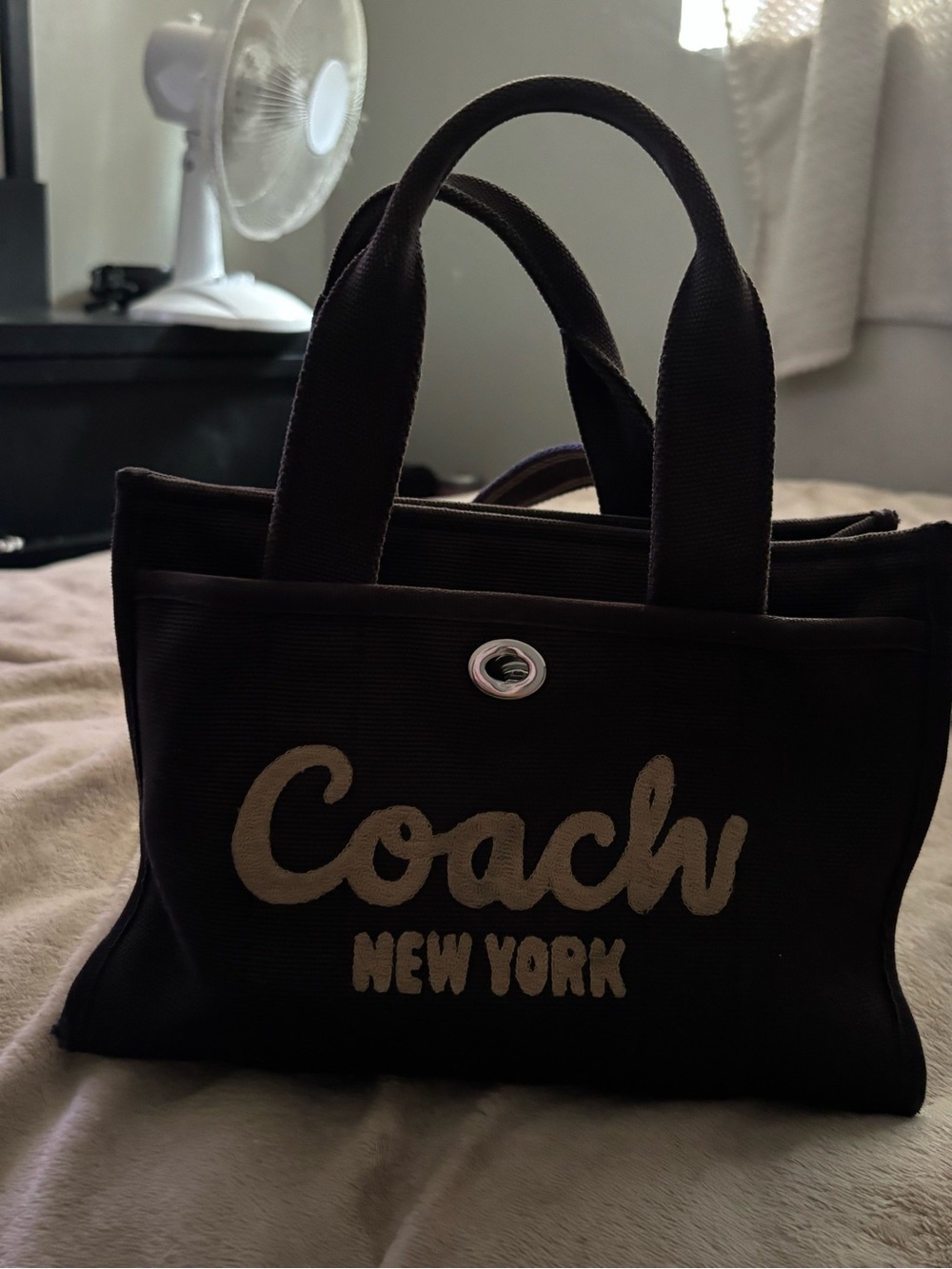 Coach Black Tote with Tan Logo Script